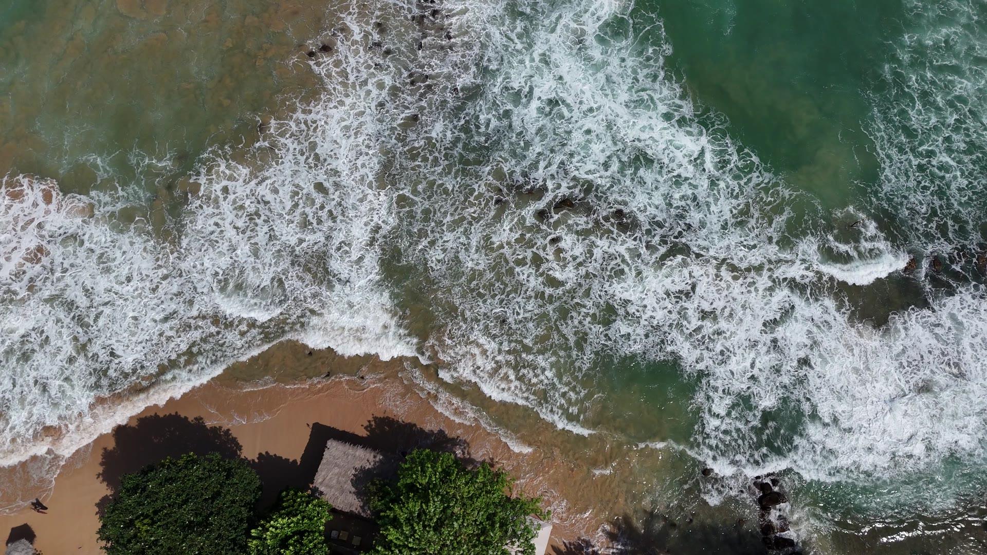 Aerial view of waves on the Sri Lankan coastline at Mirissa