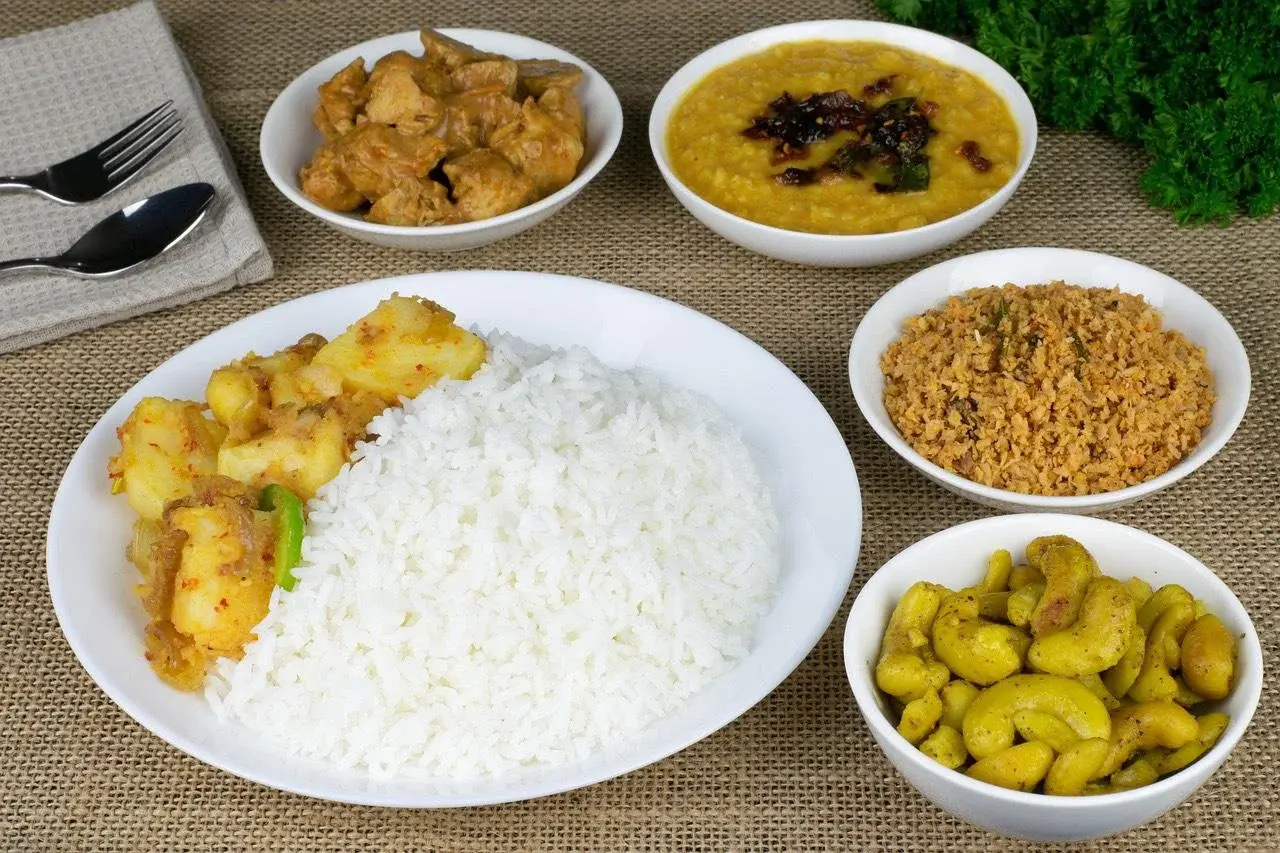 Sri Lankan rice and curry with several side dishes