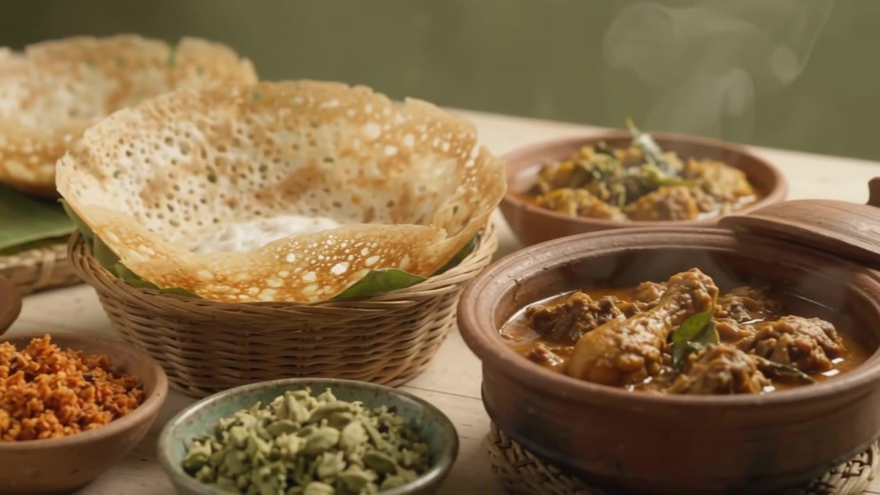 Hoppers in a woven basket beside clay pots of chicken curry, pol sambol and spices